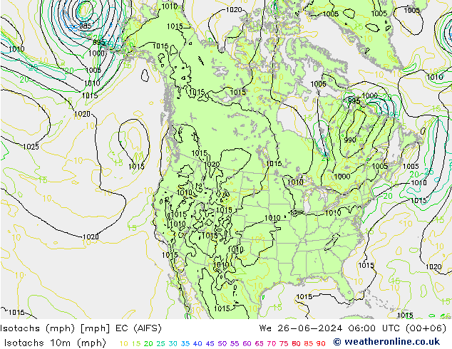 Isotachen (mph) EC (AIFS) wo 26.06.2024 06 UTC