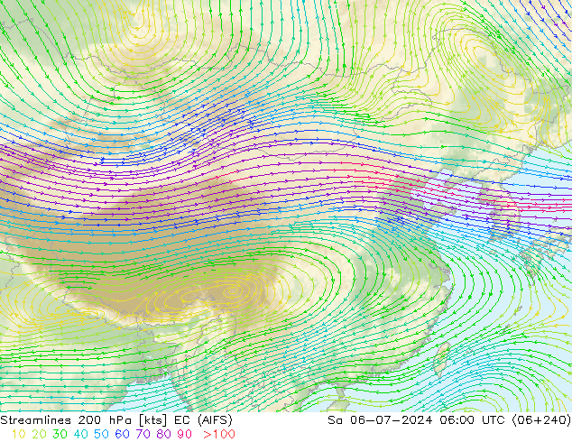 风 200 hPa EC (AIFS) 星期六 06.07.2024 06 UTC