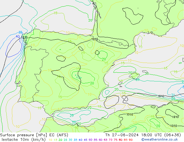 Isotachen (km/h) EC (AIFS) do 27.06.2024 18 UTC
