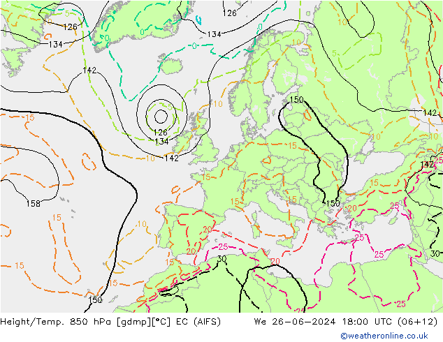 Hoogte/Temp. 850 hPa EC (AIFS) wo 26.06.2024 18 UTC