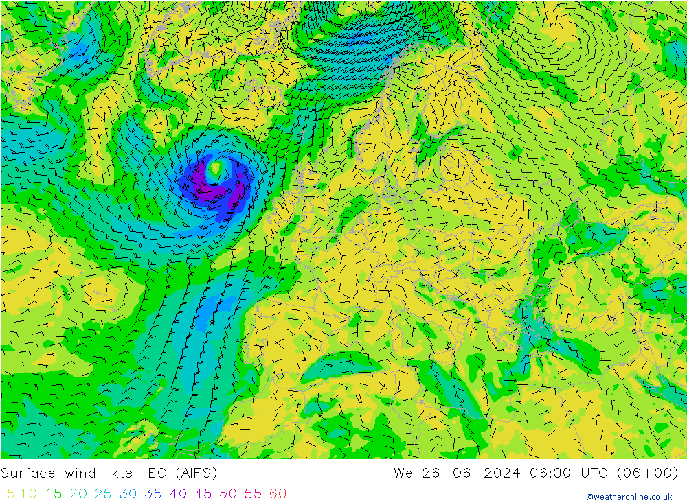 风 10 米 EC (AIFS) 星期三 26.06.2024 06 UTC