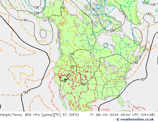 Hoogte/Temp. 850 hPa EC (AIFS) vr 28.06.2024 06 UTC