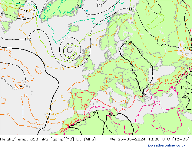 Hoogte/Temp. 850 hPa EC (AIFS) wo 26.06.2024 18 UTC