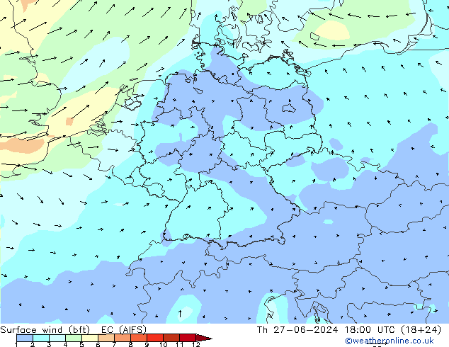 Surface wind (bft) EC (AIFS) Th 27.06.2024 18 UTC
