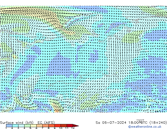 Wind 10 m (bft) EC (AIFS) za 06.07.2024 18 UTC