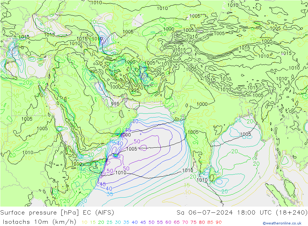 10米等风速线 (kph) EC (AIFS) 星期六 06.07.2024 18 UTC