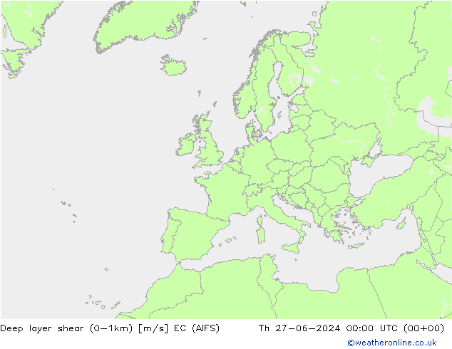 Deep layer shear (0-1km) EC (AIFS) 星期四 27.06.2024 00 UTC
