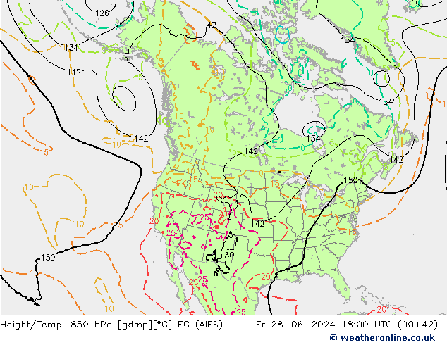 Hoogte/Temp. 850 hPa EC (AIFS) vr 28.06.2024 18 UTC