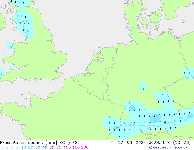 Precipitation accum. EC (AIFS) 星期四 27.06.2024 06 UTC