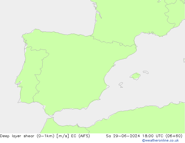 Deep layer shear (0-1km) EC (AIFS) za 29.06.2024 18 UTC