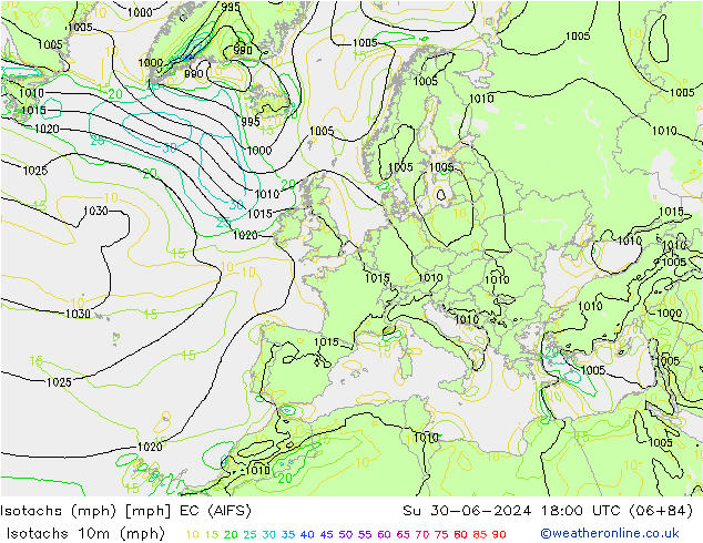 Isotachen (mph) EC (AIFS) zo 30.06.2024 18 UTC