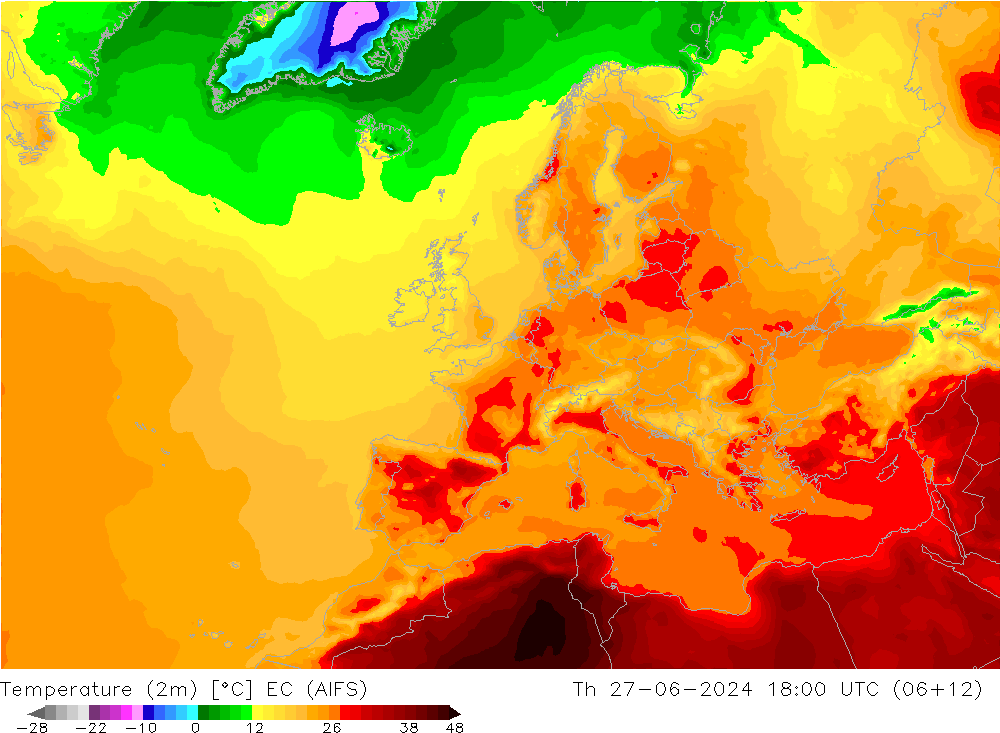 Temperatuurkaart (2m) EC (AIFS) do 27.06.2024 18 UTC