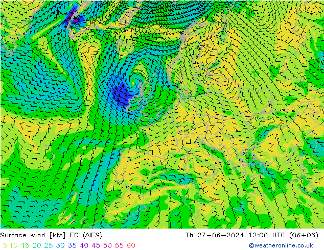 风 10 米 EC (AIFS) 星期四 27.06.2024 12 UTC
