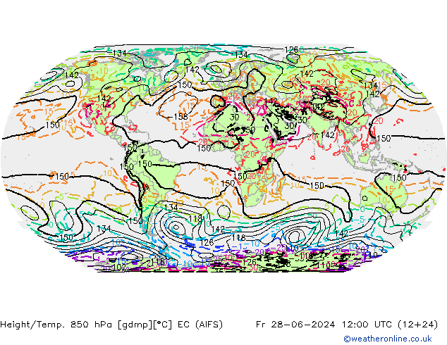 Hoogte/Temp. 850 hPa EC (AIFS) vr 28.06.2024 12 UTC