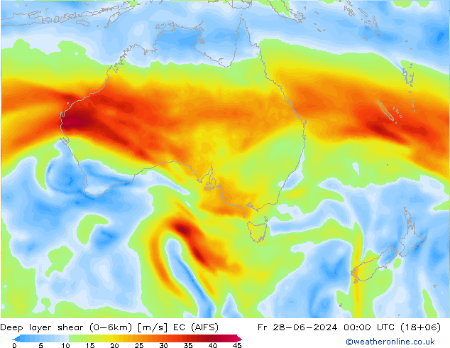 Deep layer shear (0-6km) EC (AIFS) vr 28.06.2024 00 UTC