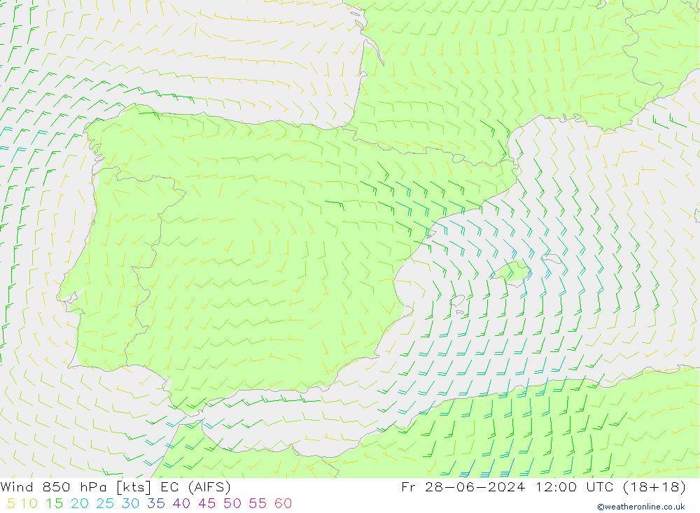 Wind 850 hPa EC (AIFS) vr 28.06.2024 12 UTC