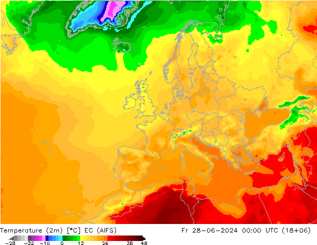 Temperatuurkaart (2m) EC (AIFS) vr 28.06.2024 00 UTC