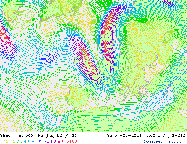 风 300 hPa EC (AIFS) 星期日 07.07.2024 18 UTC