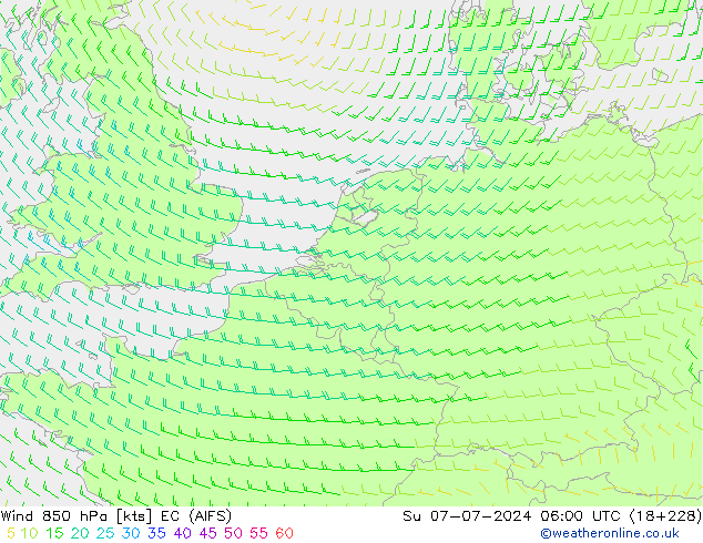 Wind 850 hPa EC (AIFS) zo 07.07.2024 06 UTC