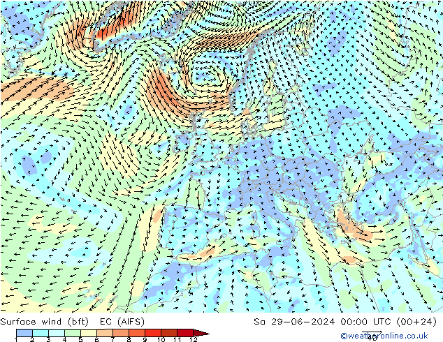 Wind 10 m (bft) EC (AIFS) za 29.06.2024 00 UTC