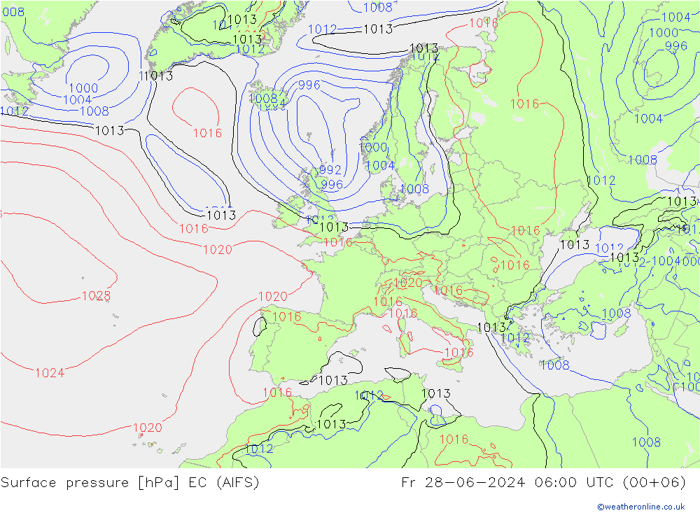 Atmosférický tlak EC (AIFS) Pá 28.06.2024 06 UTC