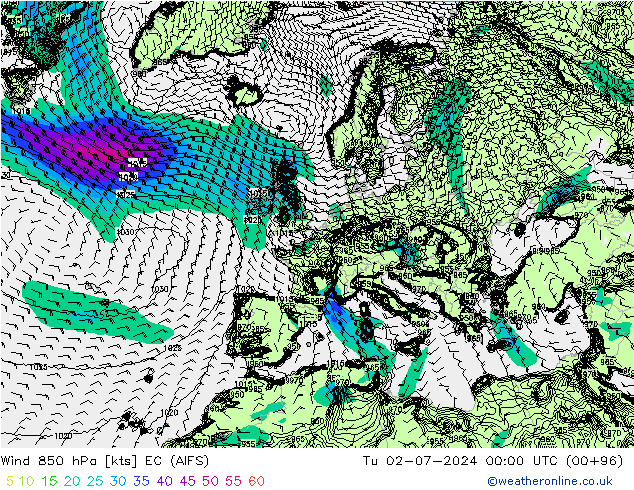 风 850 hPa EC (AIFS) 星期二 02.07.2024 00 UTC