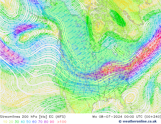 风 200 hPa EC (AIFS) 星期一 08.07.2024 00 UTC