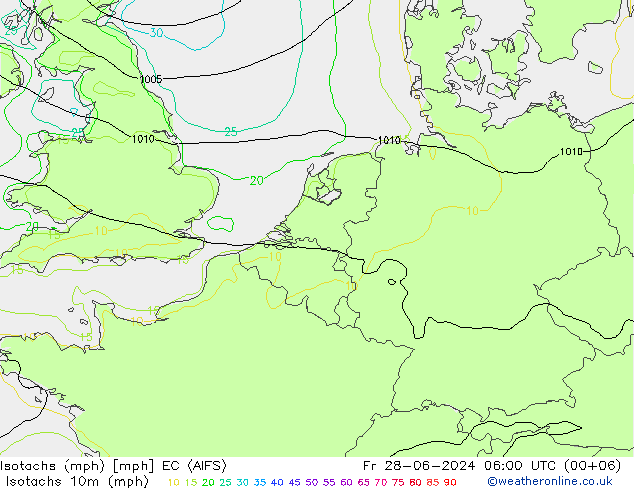 Isotachs (mph) EC (AIFS) 星期五 28.06.2024 06 UTC
