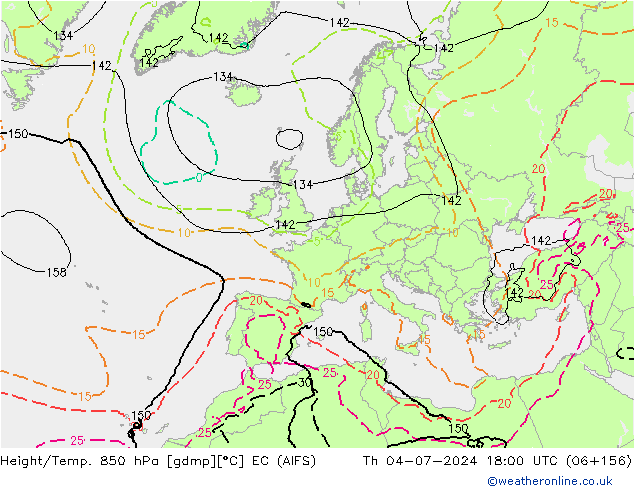 Hoogte/Temp. 850 hPa EC (AIFS) do 04.07.2024 18 UTC