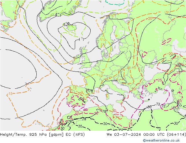 Hoogte/Temp. 925 hPa EC (AIFS) wo 03.07.2024 00 UTC