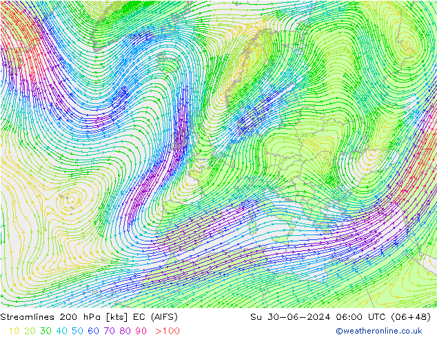 风 200 hPa EC (AIFS) 星期日 30.06.2024 06 UTC