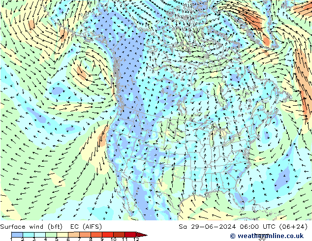 Wind 10 m (bft) EC (AIFS) za 29.06.2024 06 UTC