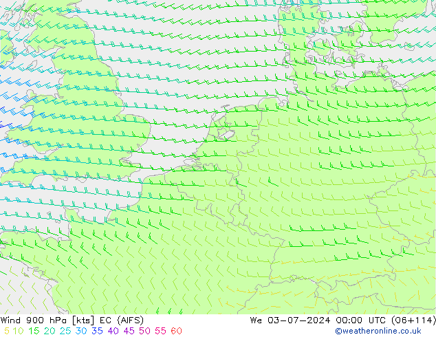 Wind 900 hPa EC (AIFS) wo 03.07.2024 00 UTC
