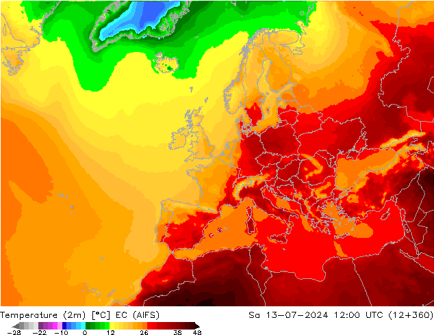 Temperatuurkaart (2m) EC (AIFS) za 13.07.2024 12 UTC