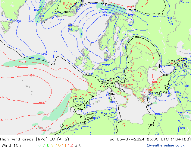 High wind areas EC (AIFS) 星期六 06.07.2024 06 UTC