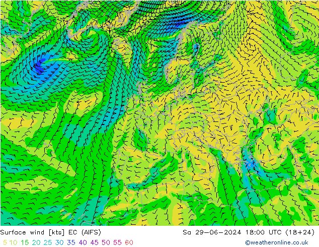 Wind 10 m EC (AIFS) za 29.06.2024 18 UTC