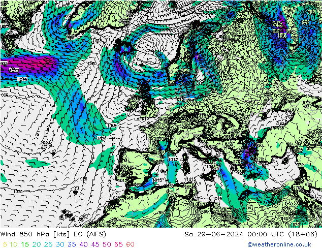 Wind 850 hPa EC (AIFS) za 29.06.2024 00 UTC