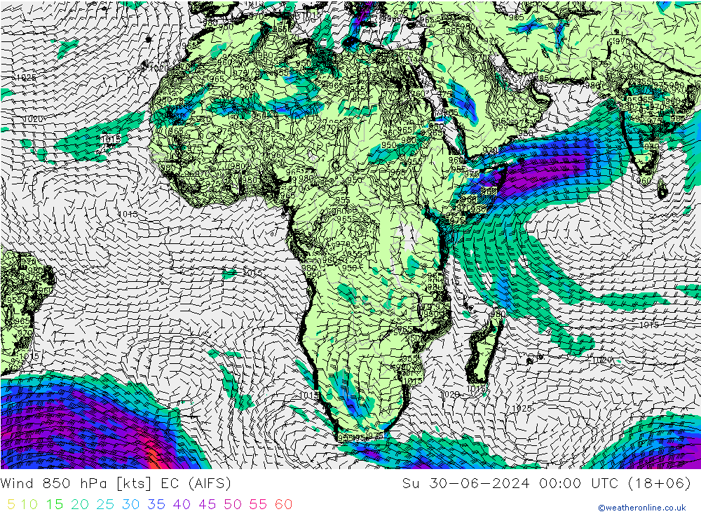 Wind 850 hPa EC (AIFS) zo 30.06.2024 00 UTC