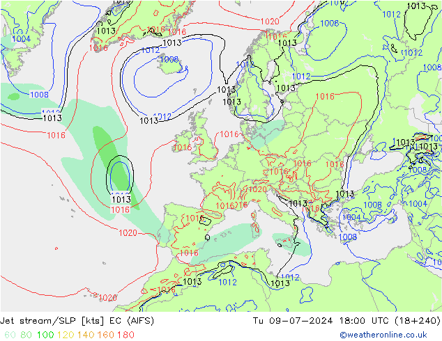 高速氣流/地面气压 EC (AIFS) 星期二 09.07.2024 18 UTC