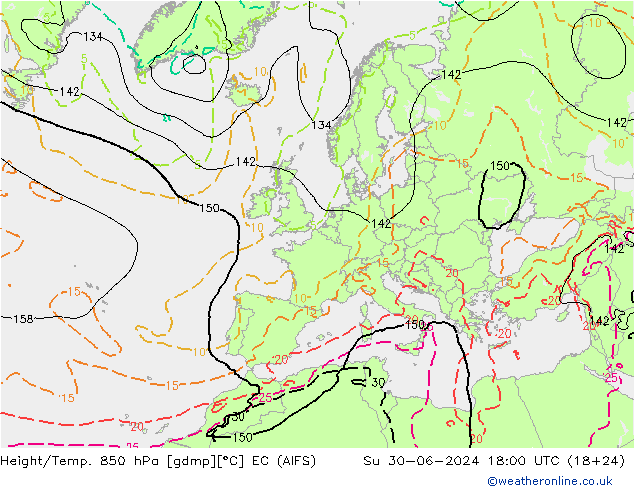 Hoogte/Temp. 850 hPa EC (AIFS) zo 30.06.2024 18 UTC