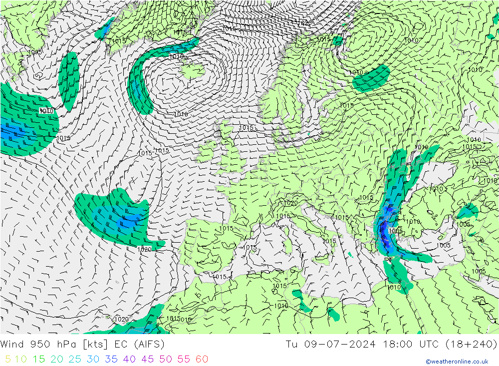 风 950 hPa EC (AIFS) 星期二 09.07.2024 18 UTC
