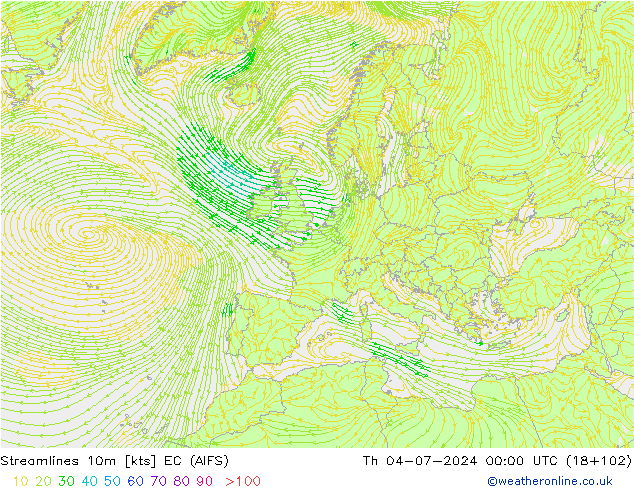 风 10m EC (AIFS) 星期四 04.07.2024 00 UTC