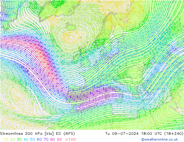 风 200 hPa EC (AIFS) 星期二 09.07.2024 18 UTC