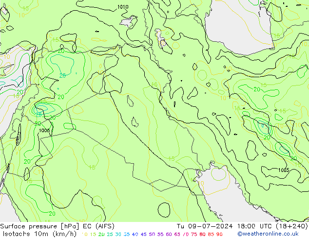 Isotachen (km/h) EC (AIFS) di 09.07.2024 18 UTC