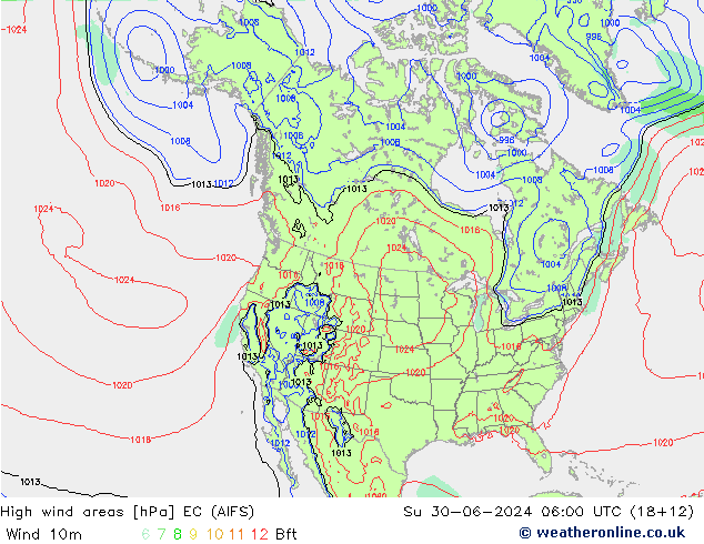 High wind areas EC (AIFS) 星期日 30.06.2024 06 UTC