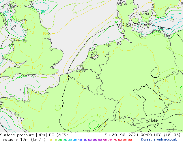 10米等风速线 (kph) EC (AIFS) 星期日 30.06.2024 00 UTC