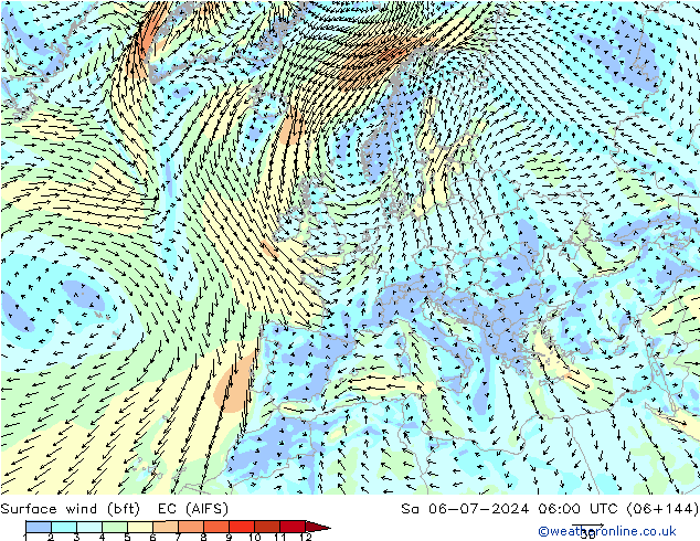 wiatr 10 m (bft) EC (AIFS) so. 06.07.2024 06 UTC