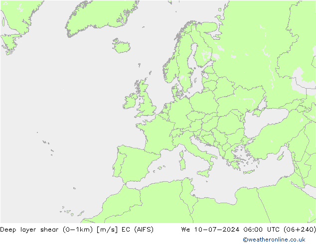 Deep layer shear (0-1km) EC (AIFS) wo 10.07.2024 06 UTC