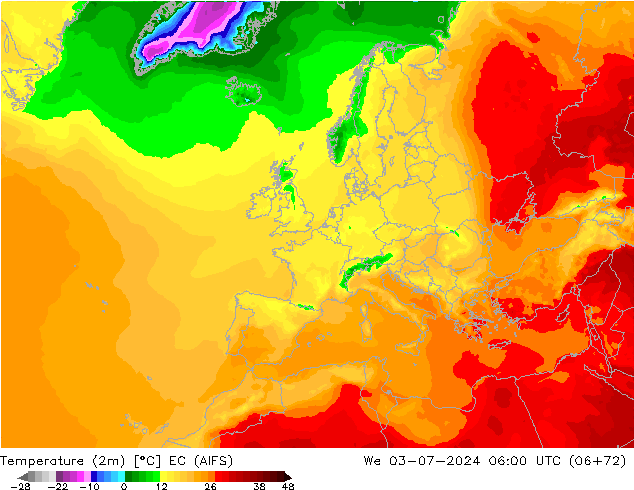 Temperatuurkaart (2m) EC (AIFS) wo 03.07.2024 06 UTC