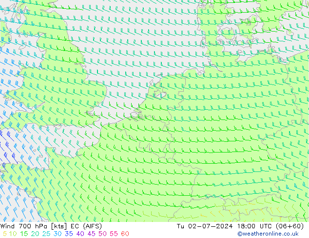 Wind 700 hPa EC (AIFS) di 02.07.2024 18 UTC